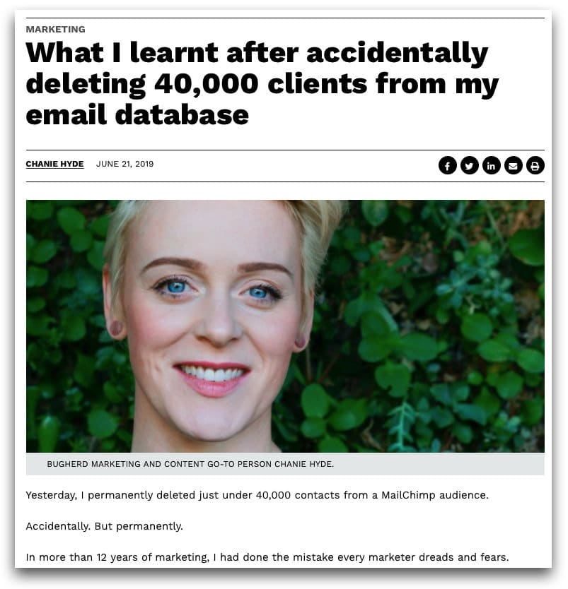 Blog article from email marketer who accidentally deleted an list of 40,000 email subscribers 