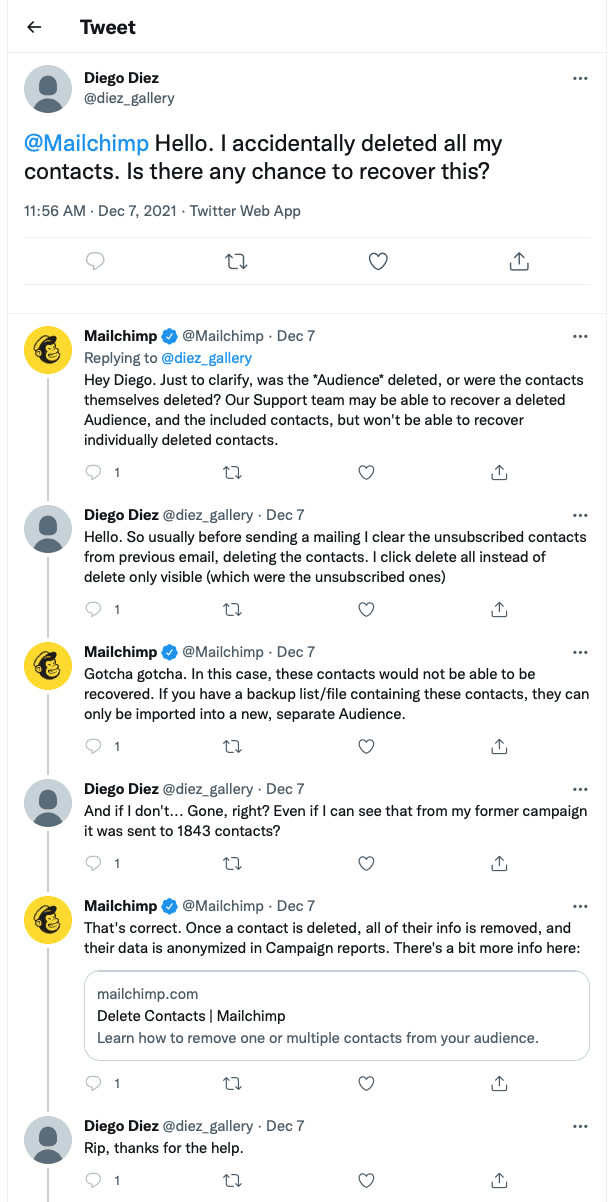 How to Backup / Export MailChimp Contacts 1 MailChimp Tweet confirming deleted contacts are gone forever - and the importance of making backups