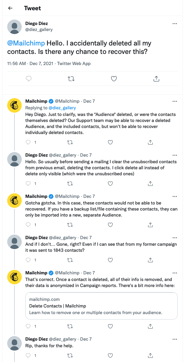 MailChimp Tweet confirming deleted contacts are gone forever - and the importance of making backups
