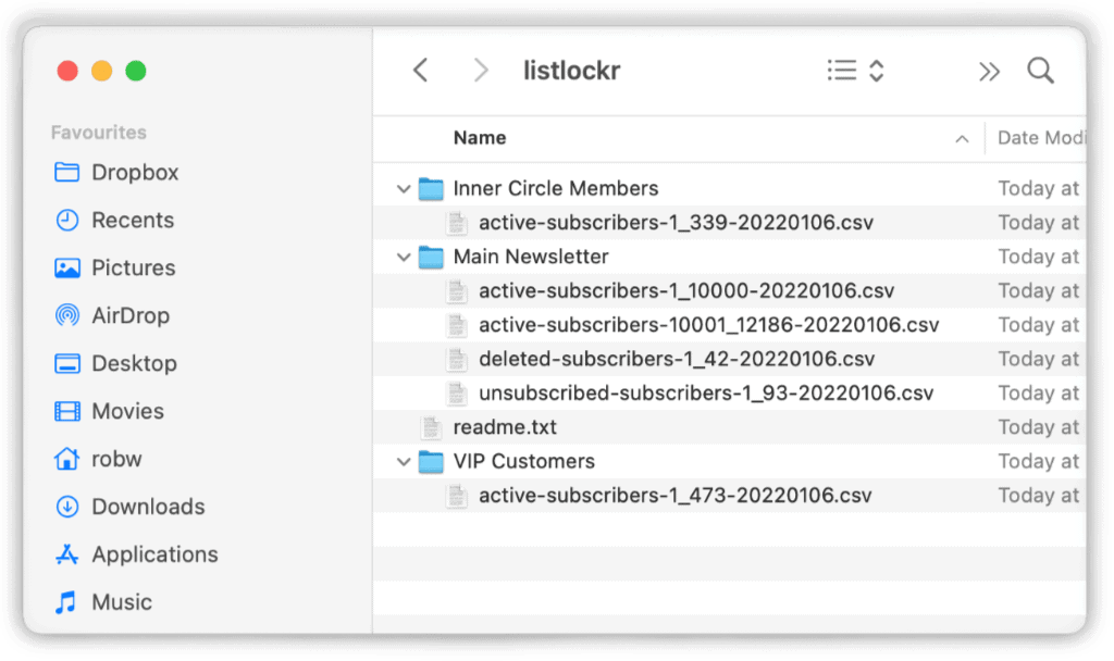 Backups are organised by list and subscriber status