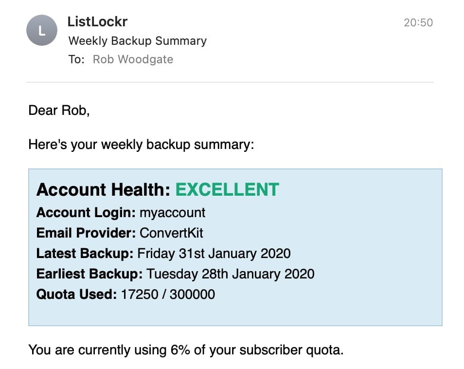 Daily Email Subscriber Backups 4 We send a weekly backup summary for your peace of mind