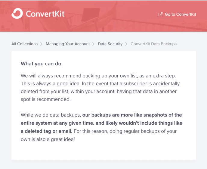 ConvertKit recommends making backups